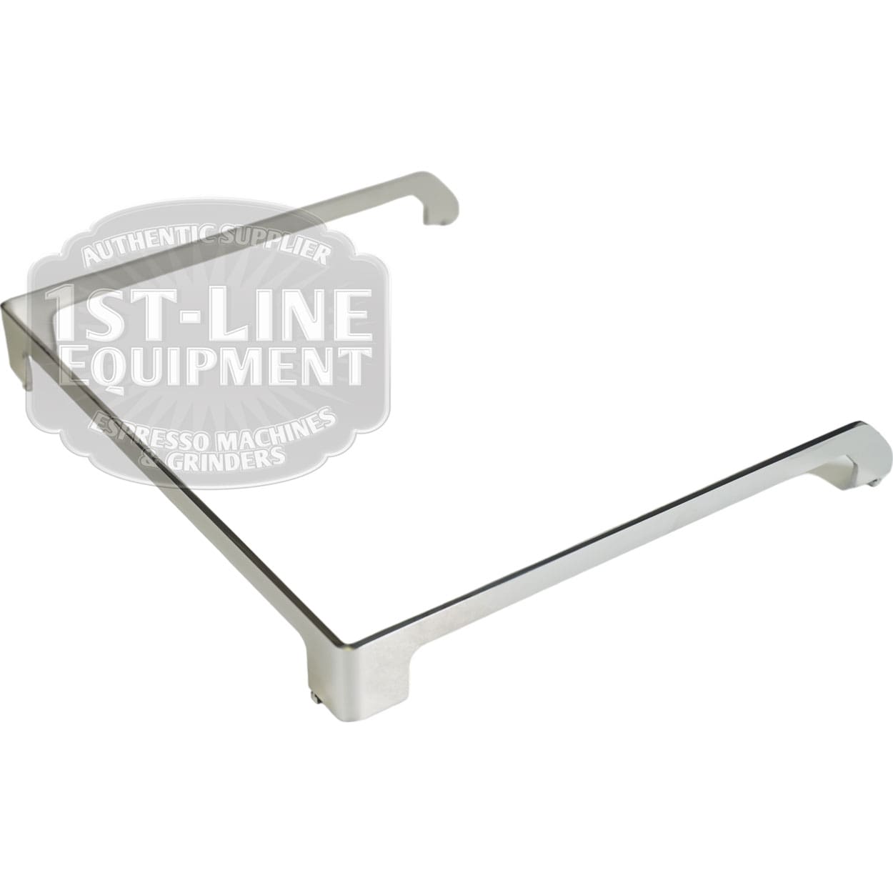 The Torre T02RAI001A Cup Rail is a silver metal frame with angled legs, designed as a support for espresso machines like the Torre series. Displayed on white background with the 1st-Line Equipment logo partly overlaid. © 2025 1st-line.com