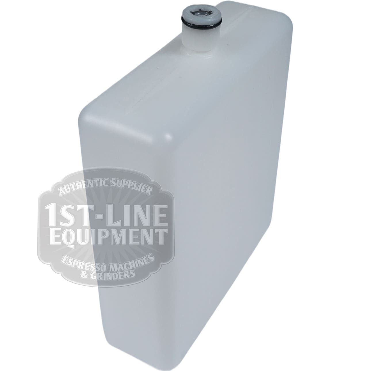 The Torre TANI0002 Complete Water Tank is a rectangular, translucent white plastic tank with a black and white screw cap on top, smooth sides, and a subtle seam. It stands upright with a 1st-Line Equipment watermark over it. © 2025 1st-line.com