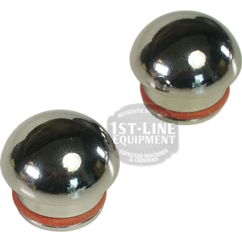 Two shiny, dome-shaped metal objects with red rubber rings at the base are shown side by side on a white background. These glossy pieces are part of the Lelit PLA2203 Maple Wood Steam / Hot Water Knob Kit. © 2025 1st-line.com