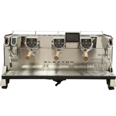 The Elektra Evok 3 Group Commercial Espresso Machine offers three group heads, wooden handles, digital displays, and a central touchscreen&mdash;all crafted in stainless steel for professional coffee preparation.