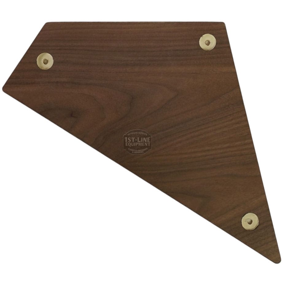A triangular walnut board from the ACS Vostok Side Panel Walnut Wood Kit, featuring three brass-colored circular feet near each corner, rests on a white background. © 2025 1st-line.com