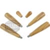 Five ACS Vostok Handle/Knob Olive Wood Kit espresso machine handles, each with unique shapes and polished wooden finishes, are displayed on a white background. All handles feature metal screw threads for secure attachment. © 2025 1st-line.com