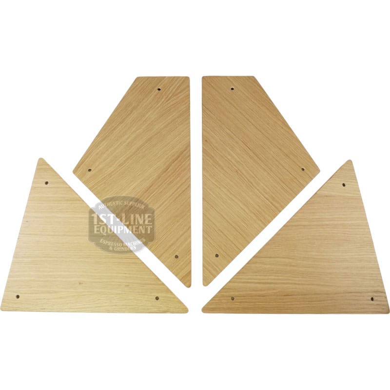 Four light brown, triangular shelves made from the ACS Vostok Side Panel Oak Wood Kit, each with corner holes, are arranged in a circular pattern on a white background. © 2025 1st-line.com