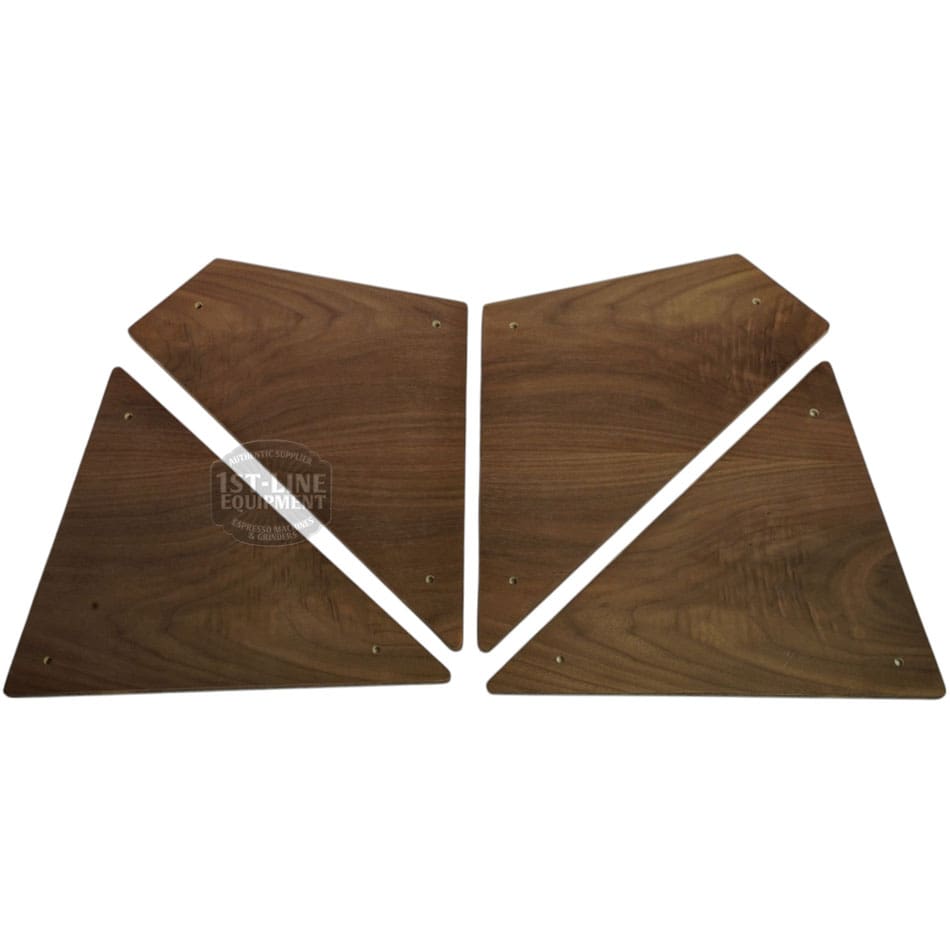 Four triangular panels from the ACS Vostok Side Panel Walnut Wood Kit, each with a smooth, dark brown walnut grain and corner holes, are arranged symmetrically on a white background, evoking premium craftsmanship. © 2025 1st-line.com