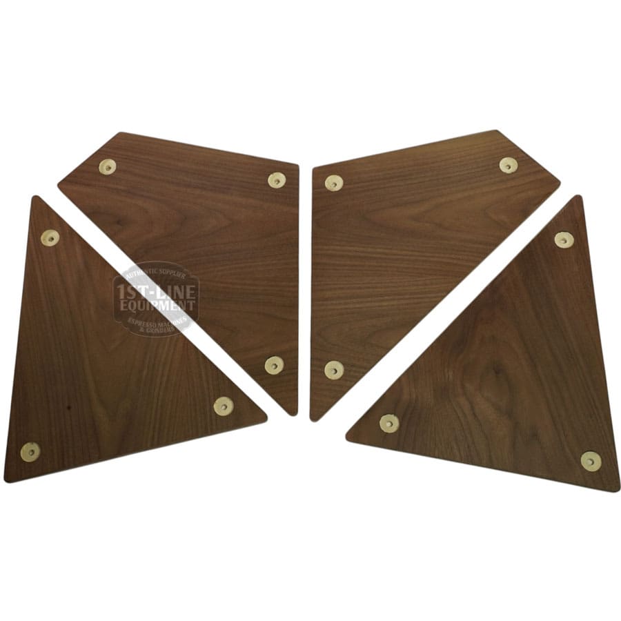 Four triangular panels from the ACS Vostok Side Panel Walnut Wood Kit, featuring rounded corners and metal inserts at each corner, are arranged symmetrically on a white background. © 2025 1st-line.com