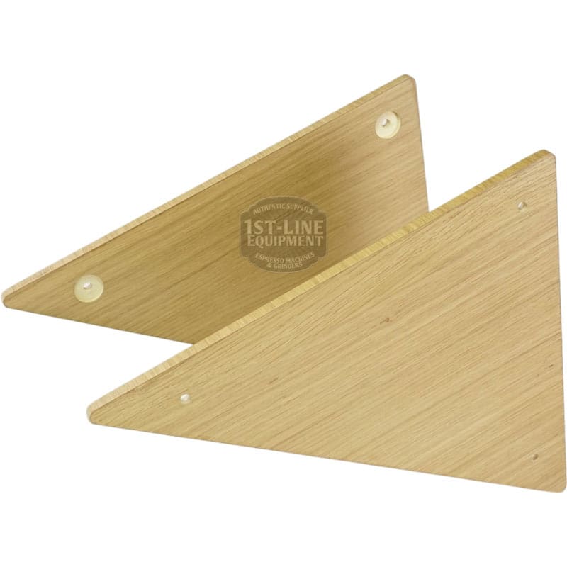 The ACS Vostok Side Panel Oak Wood Kit features two triangular oak boards with smooth surfaces, each showing two corner screw holes, standing and overlapping at an angle—ideal as side panels for your ACS Vostok. © 2025 1st-line.com