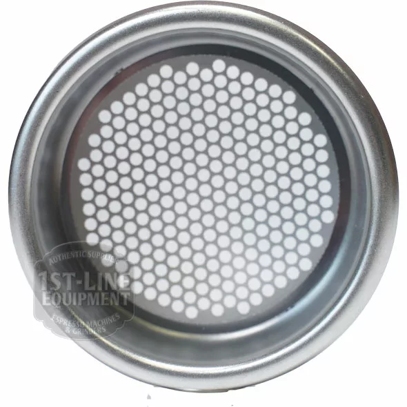 The E&B Lab B702TH22/ONE All-in-One Filter Basket is a metal portafilter basket with a flat base and precise circular patterns of small holes. © 2025 1st-line.com