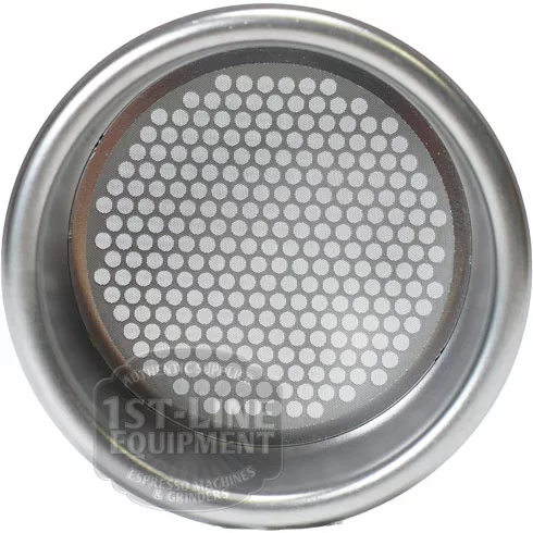 Top view of an E&B Lab B702TH28/ONE All-in-One Filter Basket with a flat base and numerous small holes arranged in a circular pattern for even water distribution during espresso extraction. © 2025 1st-line.com