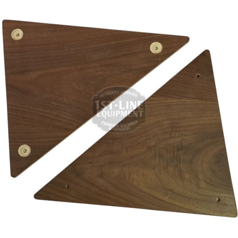 Two smooth triangular walnut panels, each with three round metal inserts near the corners, are set side by side with a diagonal gap—a refined ACS Vostok Side Panel Walnut Wood Kit. © 2025 1st-line.com