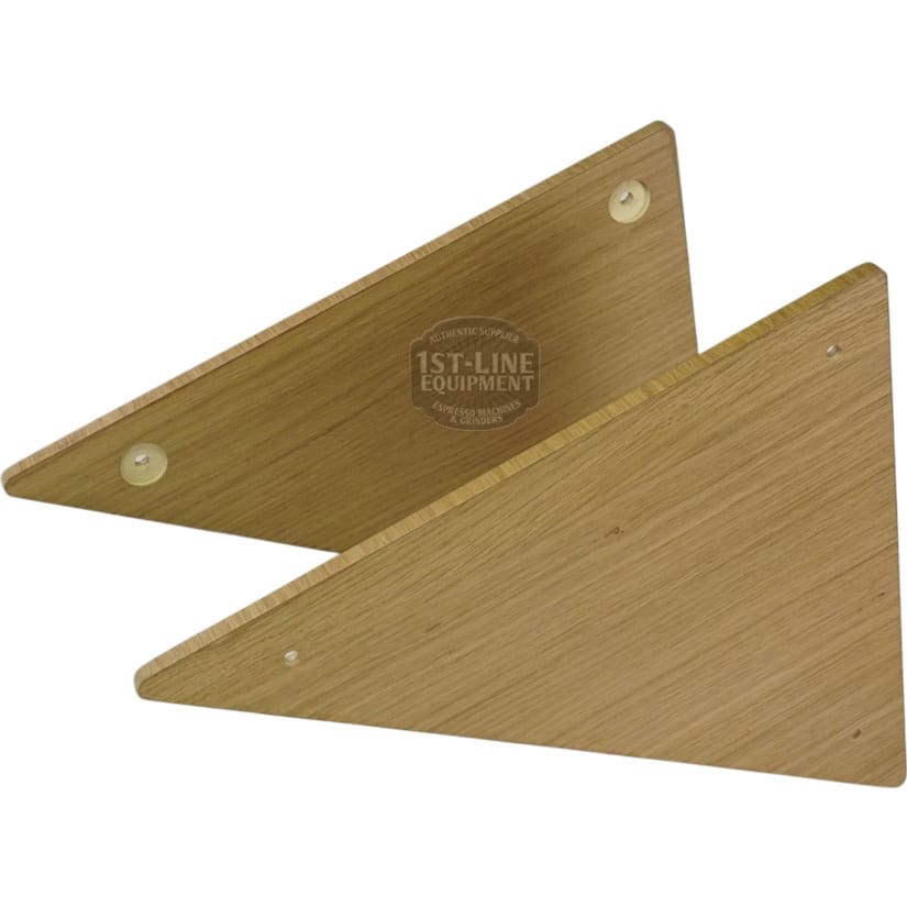 Two triangular oak boards from the ACS Vostok Side Panel Oak Wood Kit stand upright and join at a corner in a Z shape, with four round fasteners visible on the panels’ surfaces. © 2025 1st-line.com