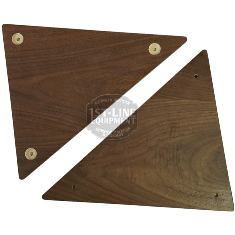 Two triangular panels from the ACS Vostok Side Panel Walnut Wood Kit, featuring walnut wood with rounded corners and small circular metal inserts, are placed side by side on a white background. © 2025 1st-line.com
