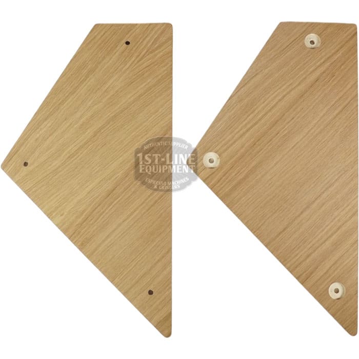 Two wooden boards from the ACS Vostok Side Panel Oak Wood Kit, each with a light natural finish, angled edges, and small corner holes, are placed side by side on a white background. © 2025 1st-line.com