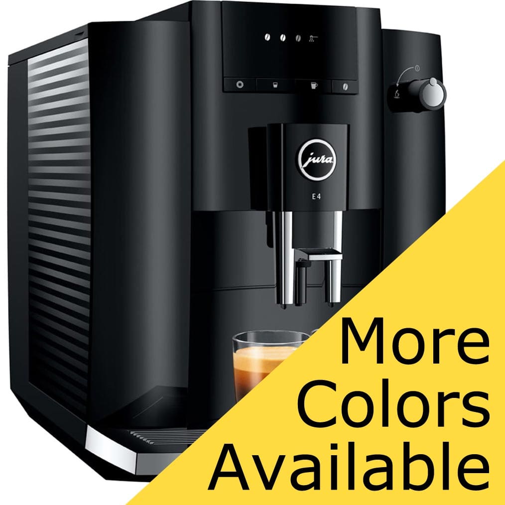 The Jura E4 Super-Automatic Espresso Machine in black is shown with a cup of coffee on a yellow background, featuring the bold message “More Colors Available.”. © 2025 1st-line.com
