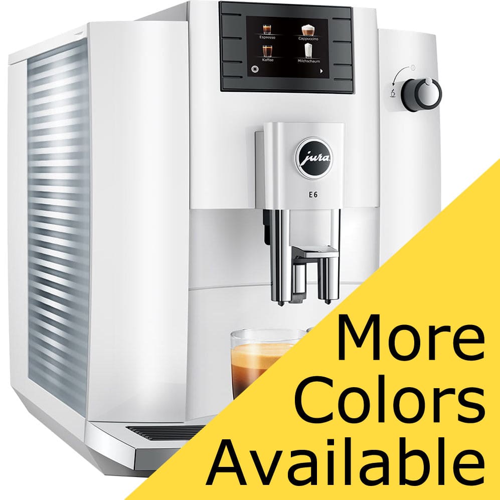 The Jura E6 Super-Automatic Espresso Machine, shown in white with a digital display brewing coffee, is featured. A large yellow banner in the corner states: More Colors Available. © 2025 1st-line.com