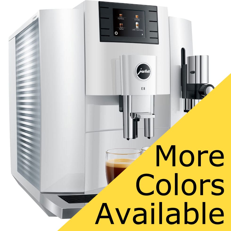 The Jura E8 Super-Automatic Espresso Machine in modern white features a digital display, dual coffee spouts, and comes with a yellow banner stating “More Colors Available.”. © 2025 1st-line.com