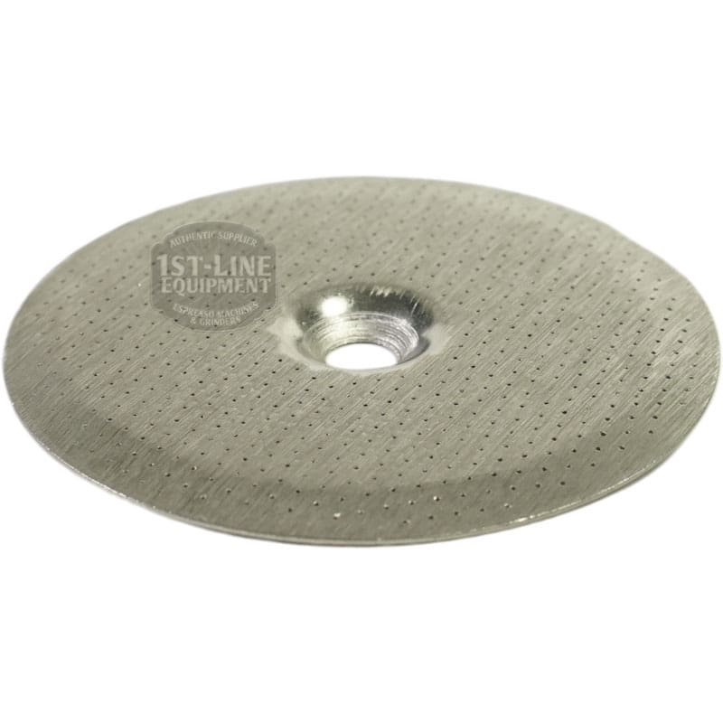 A close-up of the Ascaso I.1222 Shower / Dispersion Screen for Steel PID, featuring a central hole and fine perforations to evenly distribute water over coffee grounds for precise brewing. © 2025 1st-line.com