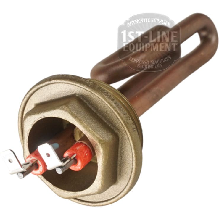A close-up of the Bezzera 5722315AL 115V 800W Heating Element featuring a brass hexagonal base, two terminals, and a durable copper U-shaped design for efficient espresso machine heating. © 2025 1st-line.com