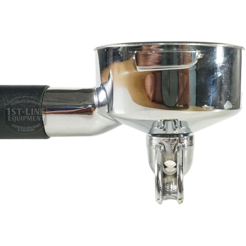 A close-up of the Lelit XMC57LELIT 2-Cup 57 mm Portafilter Assembly with a black handle, empty and set against a white background. This metal portafilter is designed for espresso machines. © 2025 1st-line.com