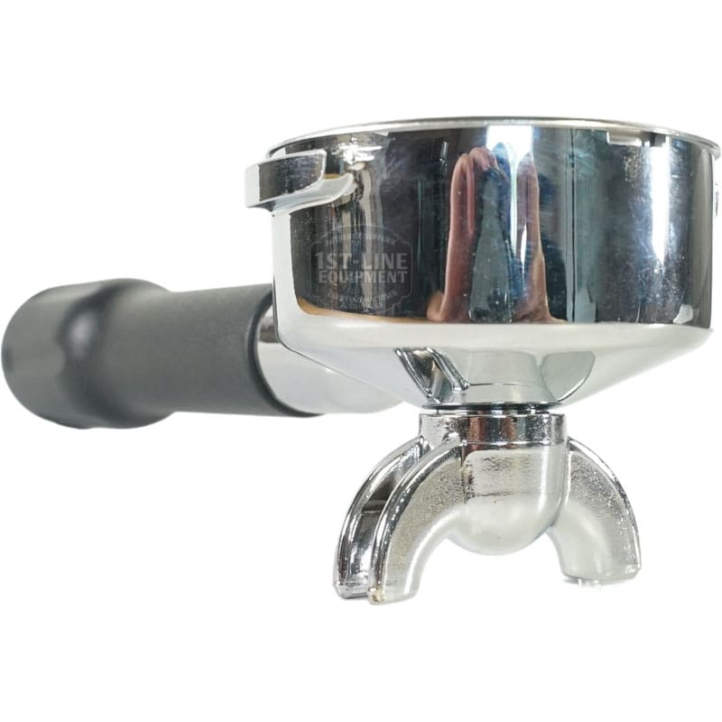 A close-up of the Lelit XMC57LELIT 2-Cup 57 mm Portafilter Assembly with a black handle, shown against a white background and angled to display its reflective finish and twin spouts underneath. © 2025 1st-line.com