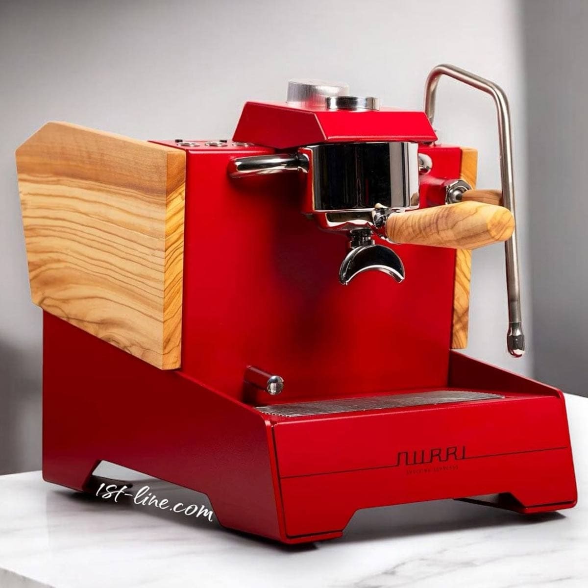 A modern red Nurri R-Type SB (HX) Espresso Machine with light wood accents and a wooden portafilter handle sits on a white countertop, featuring a metallic steam wand on the right side. © 2025 1st-line.com