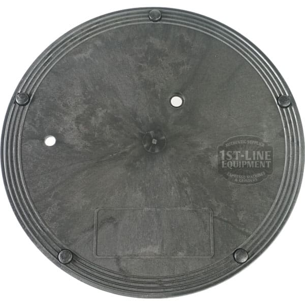 A round, black plastic drip tray cover with ridged edges and three holes, embossed with the 1st-Line Equipment logo; serves as the base for Elektra 02951034 SemiAutomatica & a Leva machines. © 2025 1st-line.com