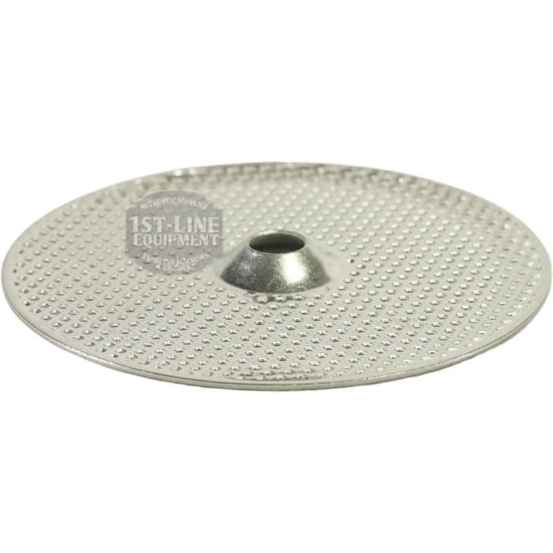 The Ascaso I.1222 Shower / Dispersion Screen for Steel PID is a round, perforated metal disc with a raised center and textured surface, designed to filter water in espresso machines. © 2025 1st-line.com
