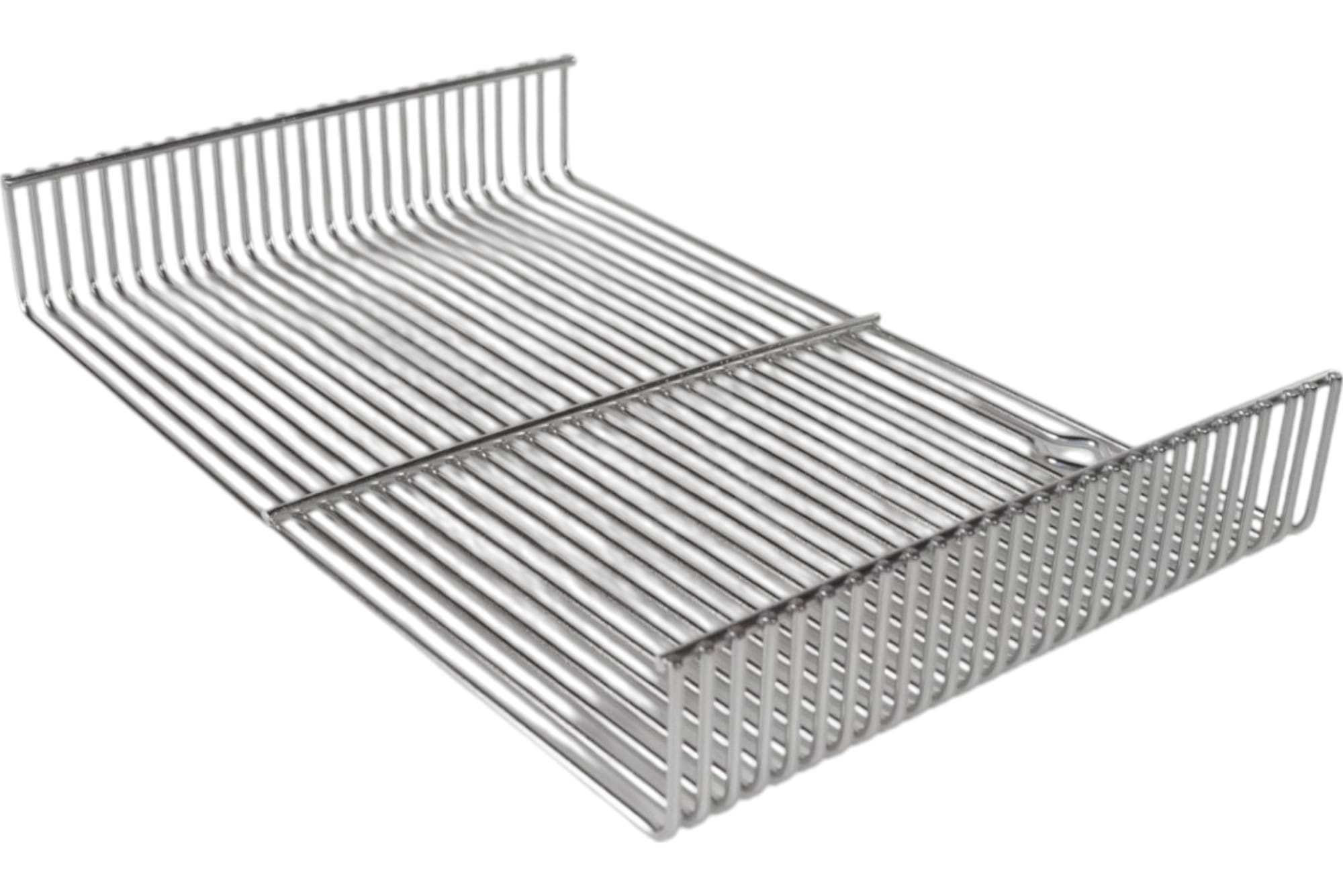 The Bezzera 5261019 Drain Grid is a silver metal tray with raised sides and an open structure of vertical and horizontal bars, ideal for holding or organizing items. Shown isolated on a white background. © 2025 1st-line.com