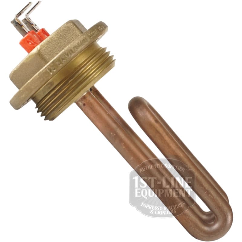 The Bezzera 5722315AL 115V 800W Heating Element features a brass threaded base and two electrical connectors, commonly used in espresso machines. It is displayed against a white background. © 2025 1st-line.com