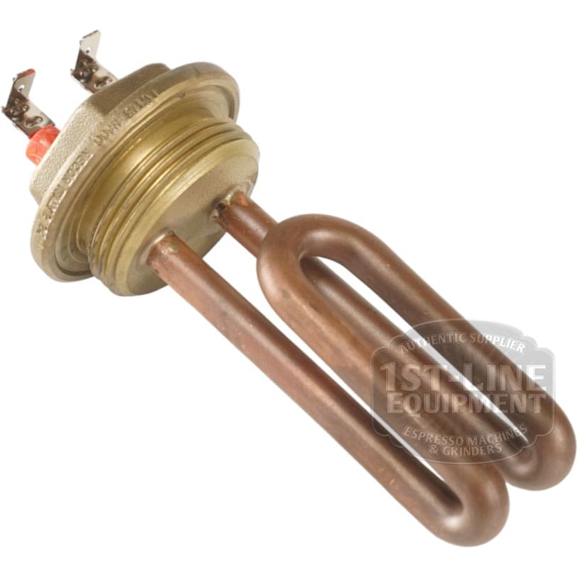 The Bezzera 5722315AL 115V 800W Heating Element features a threaded brass base and two connectors for espresso machines, shown on a white background with the 1st-line Equipment watermark. © 2025 1st-line.com