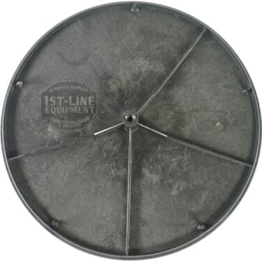 The Elektra 02951034 Base for SemiAutomatica & a Leva is a round, gray metal part with multiple radial supports and three edge holes, featuring a worn industrial surface and 1st-Line Equipment branding. © 2025 1st-line.com