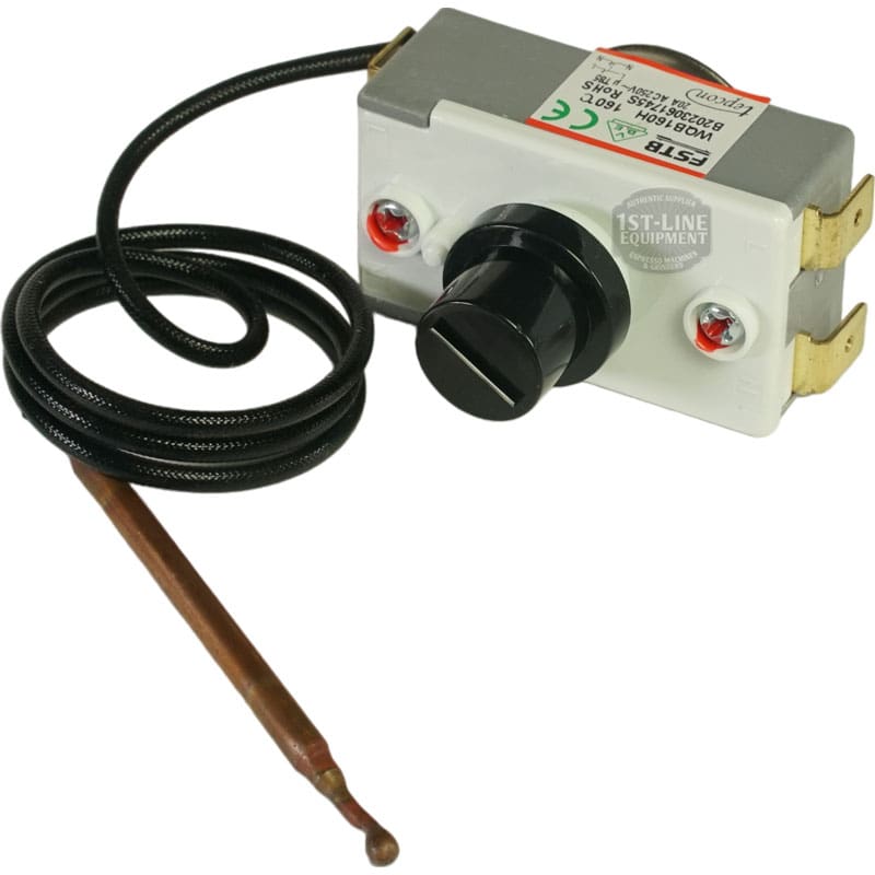 The Elektra 04.05311 Microcasa Safety Thermostat Kit features a rectangular controller with a black dial, two red indicator lights, a coiled sensor wire, and a copper probe—perfect for heating equipment regulation. © 2025 1st-line.com