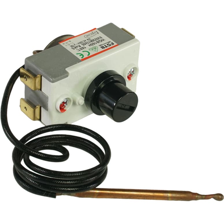 The Elektra 04.05311 Microcasa Safety Thermostat Kit includes a black adjustment knob, coiled black sensor cable, and copper probe for use in heating or cooling systems. © 2025 1st-line.com