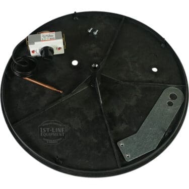 The Elektra 04.05311 Microcasa Safety Thermostat Kit includes a round black plastic base with radial supports labeled 1st-Line Equipment, a mounted metal bracket, thermostat with wired sensor, and two screws. © 2025 1st-line.com