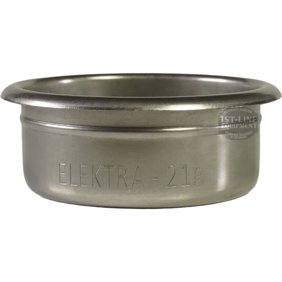 The Elektra 14.05301 3-Cup 21 gram Filter Basket is a stainless steel filter basket engraved with ELEKTRA - 218, designed for holding coffee grounds in espresso machines. © 2025 1st-line.com
