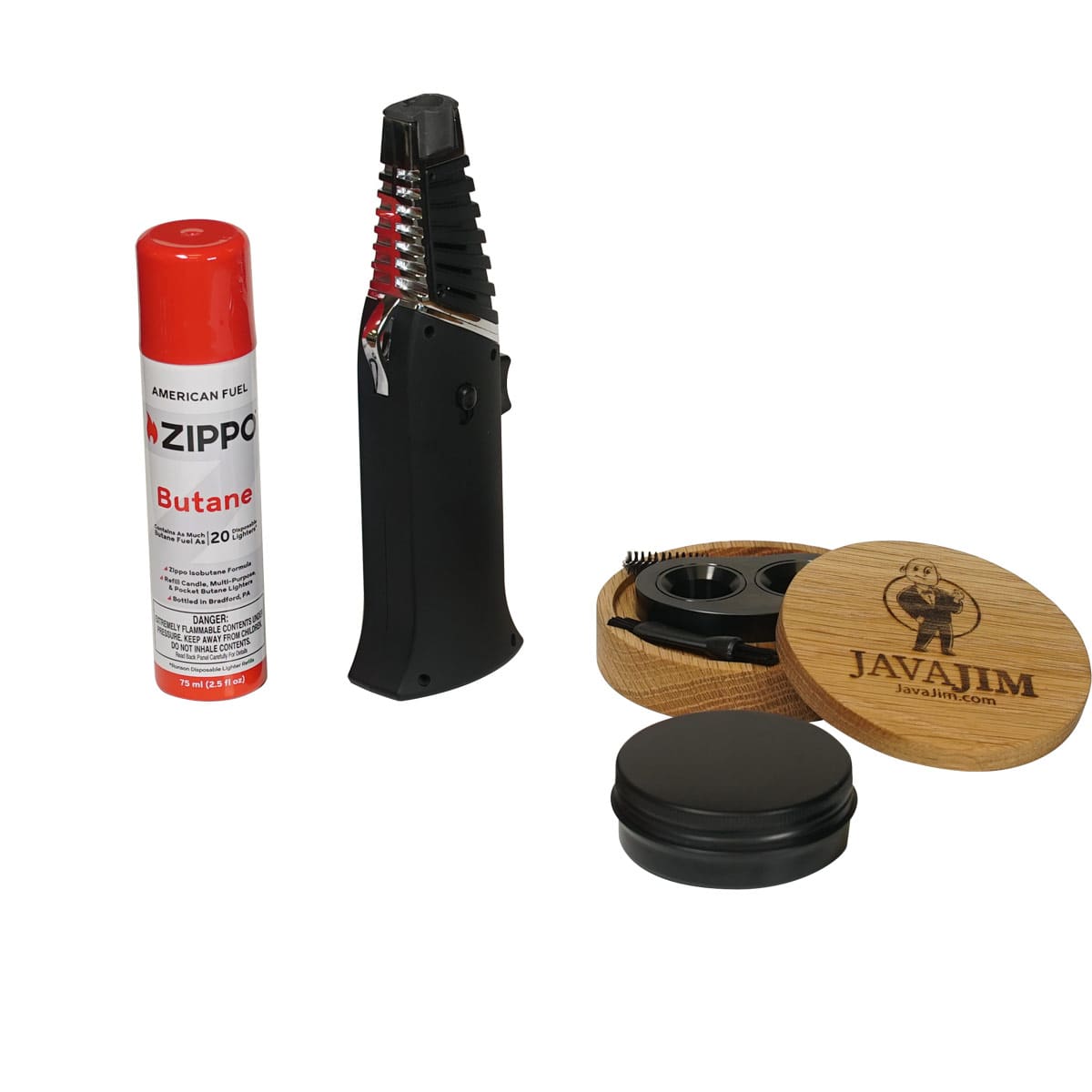 The Java Jim Espresso Smoker Kit includes a black cigar torch lighter, a can of Zippo butane fuel, a cigar cutter, and premium accessories inside an open wooden box labeled Espresso Smoker Kit. © 2025 1st-line.com