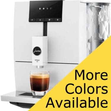 The Jura ENA 4 Super-Automatic Espresso Machine brews rich espresso into a glass cup, with a yellow banner in the corner showing “More Colors Available.”. © 2025 1st-line.com