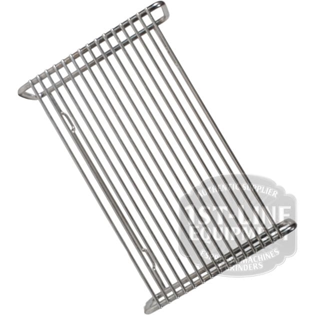 The Lelit 1600027 Drip Tray Riser/Extender for Giulietta is a rectangular metal rack with parallel bars and raised corners, ideal for cooling baked goods or use as a drip tray riser, shown on a white background. © 2025 1st-line.com