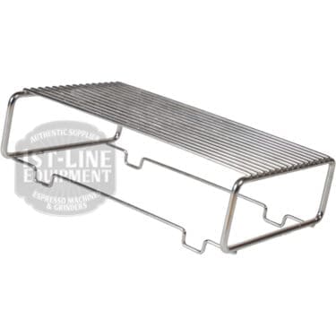 The Lelit 1600027 Drip Tray Riser/Extender for Giulietta is a rectangular stainless steel wire rack with open sides and a grid top, designed to support cups or items on espresso machines or kitchen counters. © 2025 1st-line.com