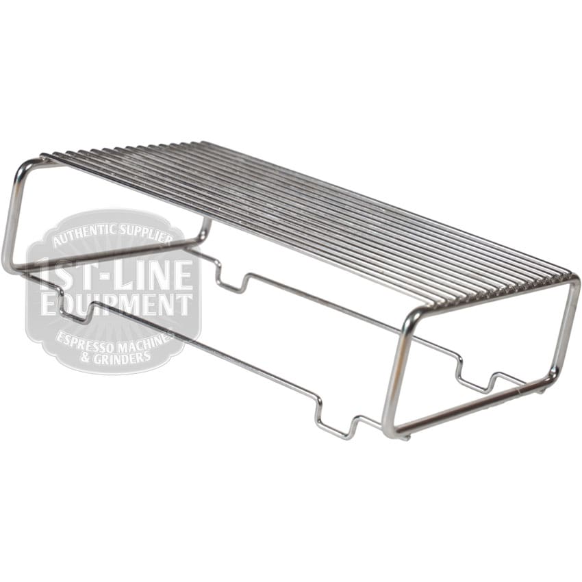 The Lelit 1600027 Drip Tray Riser/Extender for Giulietta is a rectangular stainless steel wire rack with open sides and a grid top, designed to support cups or items on espresso machines or kitchen counters. © 2025 1st-line.com