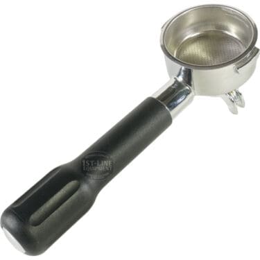The Lelit XMC57LELIT 2-Cup 57 mm Portafilter Assembly features a durable metal body with a black handle, ideal for holding coffee grounds during espresso brewing and compatible with the Lelit XMC57LELIT machine. © 2025 1st-line.com