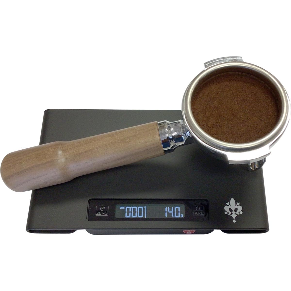 A portafilter with ground coffee sits on a Eureka Weighing Plate for the Precisa Scale, which shows 140 grams on its illuminated digital display and features a dark weighing platform. © 2025 1st-line.com