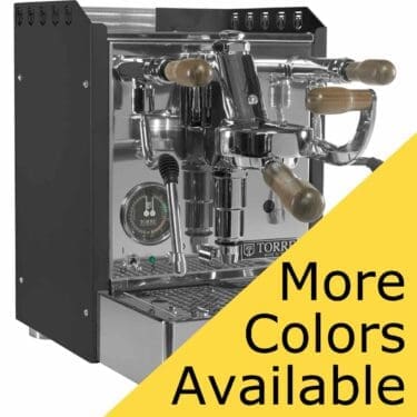 A Torre Alfredo HX Espresso Machine with wooden handles is shown, overlaid by a yellow triangle in the bottom right corner that reads More Colors Available in bold black letters. © 2025 1st-line.com