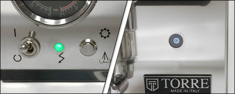 Close-up of the Torre Alfredo TSP HX Espresso Machine control panel featuring a pressure gauge, toggle switch, green indicator light, function icons, a glowing gear icon on the right, and the TORRE MADE IN ITALY logo. © 2025 1st-line.com
