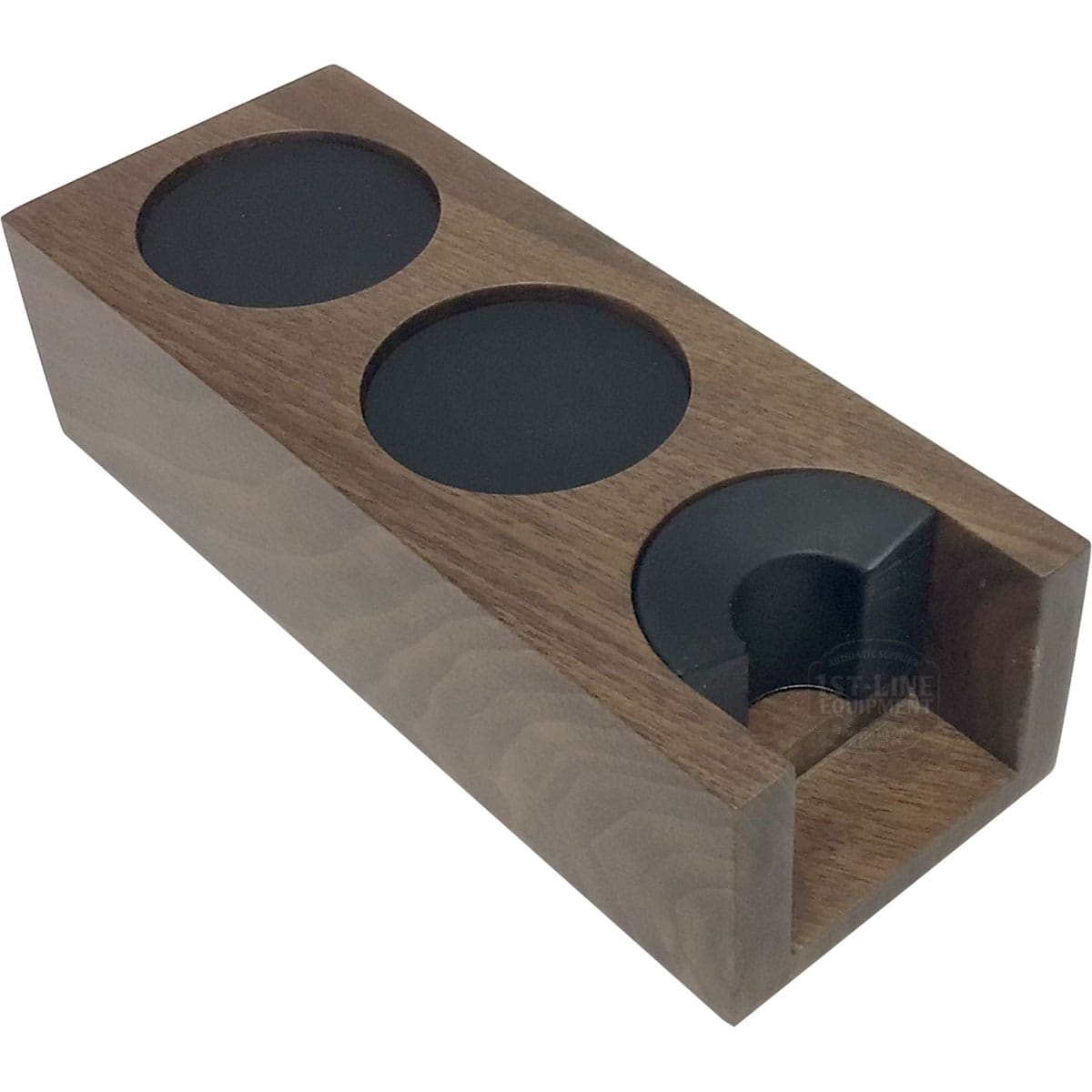 The Eureka Walnut Tamping Station - double housing is a rectangular walnut station with three circular compartments, including a partially open front section and a smooth, polished finish. © 2025 1st-line.com
