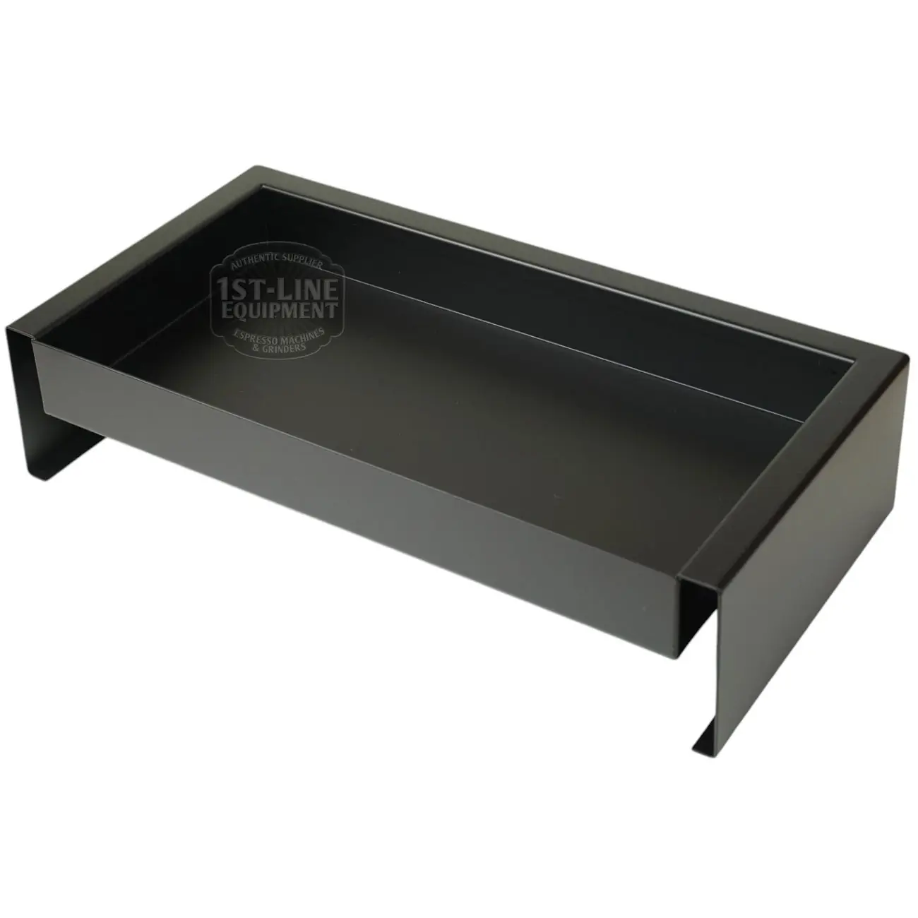 The Torre T02BAC001NO Peppina Matte Black Drip Tray T02 is a black, rectangular metal riser stand with open sides and front, ideal for elevating equipment. The 1st-Line Equipment logo appears inside, perfect for your Peppina Matte Black setup. © 2025 1st-line.com