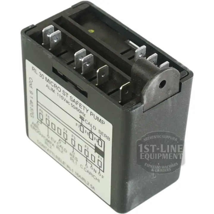 A close-up of the ECM 110V Giotto Brain Unit GICAR 9.1.40.57G relay, featuring multiple metal prongs and labeled components, displays technical specs and branding for use in espresso machines. © 2025 1st-line.com