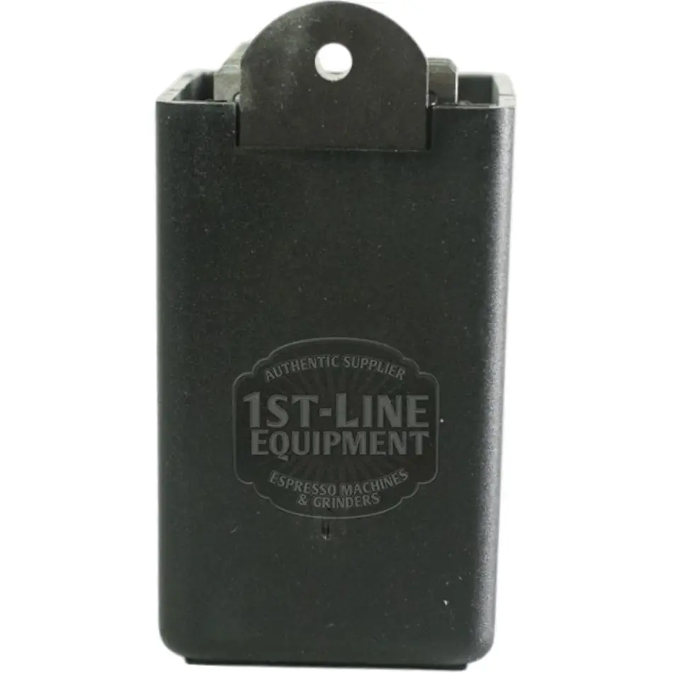 A black rectangular knock box with a metal bar and 1st-Line Equipment and Espresso Machines & Grinders branding, compatible with the ECM 110V Giotto Brain Unit GICAR 9.1.40.57G for improved workflow. © 2025 1st-line.com