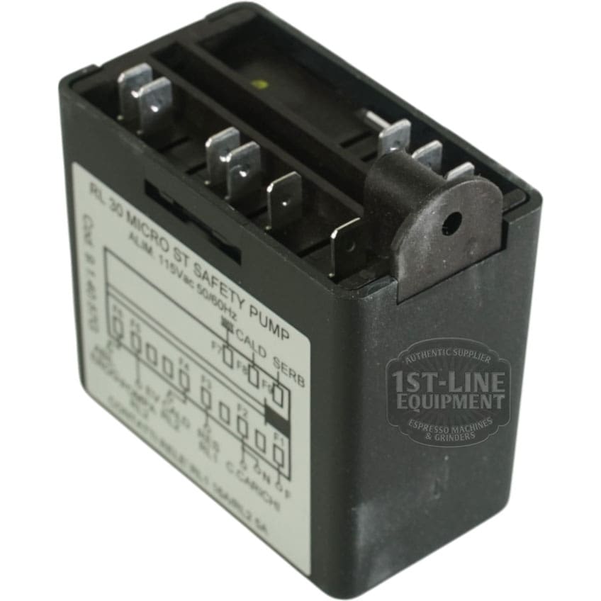 A black ECM 110V Giotto Brain Unit GICAR 9.1.40.57G with metal pins and a printed label, designed for ECM 110V espresso machines and grinders; features the 1st-Line Equipment logo on its casing. © 2025 1st-line.com