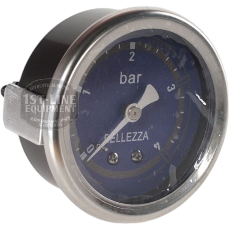 A close-up of the Bellezza IN.064.037 Inizio Blue Steam Pressure Gauge, featuring a black rim, blue face marked 0–4 bar, BELLEZZA label, and white needle indicator. © 2025 1st-line.com