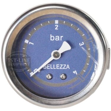 A close-up of the Bellezza IN.064.037 Inizio Blue Steam Pressure Gauge shows its blue face, 0–4 bar dial, needle at about 1.3, and the BELLEZZA label clearly visible on the gauge. © 2025 1st-line.com